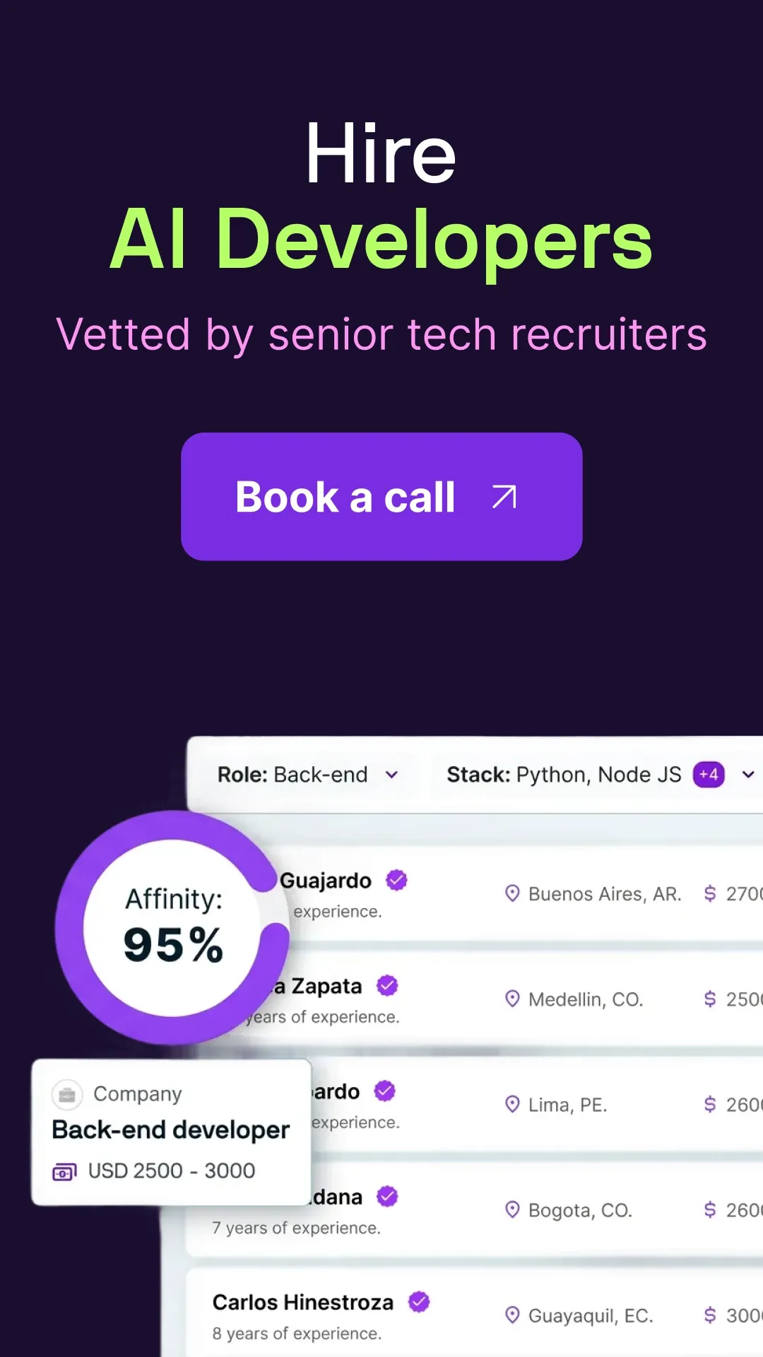 Hire vetted AI developers from LATAM -Talently candidate dashboard with salaries and affinity score.