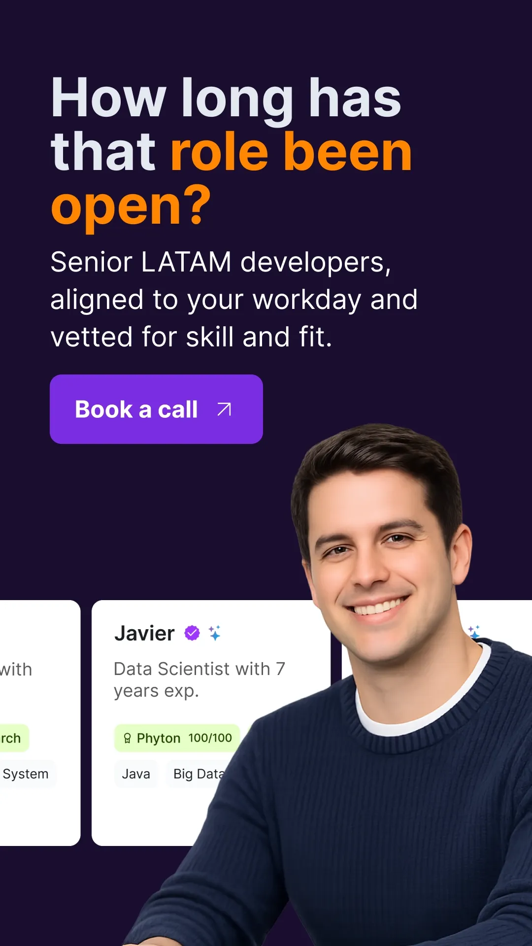 Hire senior LATAM developers vetted for skill and fit — Talently banner with developer profile cards
